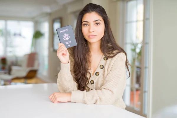 Young Woman Holding Passport United States America Confident Expression Smart — Stock Photo, Image