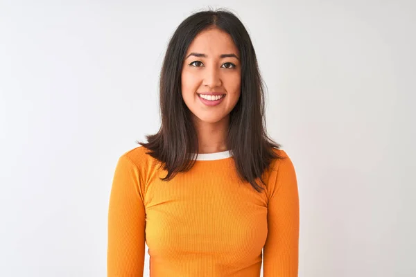 Young Beautiful Chinese Woman Wearing Orange Shirt Standing Isolated White — Stockfoto