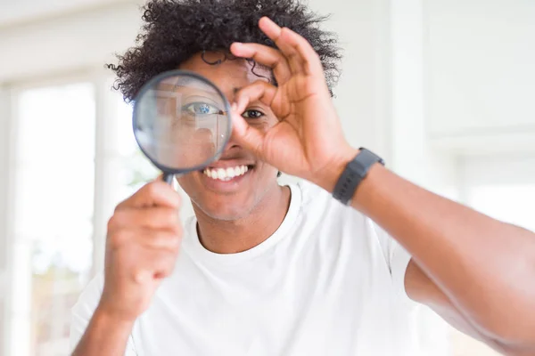 African American Man Looking Magnifying Glass Happy Face Smiling Doing — Stock Photo, Image