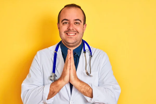 Young Doctor Man Wearing Coat Stethoscope Standing Isolated Yellow Background — 图库照片