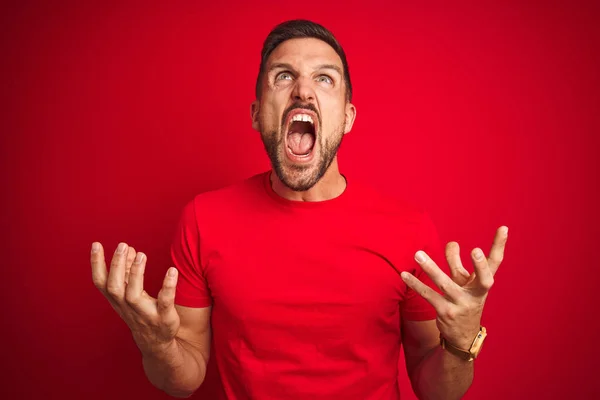 Junger Gutaussehender Mann Lässigem Shirt Über Rotem Isoliertem Hintergrund Verrückt — Stockfoto
