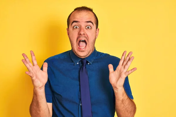 Young Businessman Wearing Denim Casual Shirt Tie Isolated Yellow Background — 스톡 사진