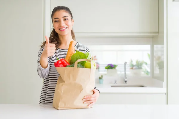 Young Woman Holding Paper Bag Full Groceries Happy Big Smile — Stock Photo, Image