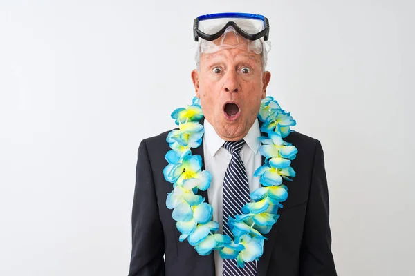 Senior Businessman Wearing Suit Hawaiian Lei Diving Goggles Isolated White — Stock Photo, Image