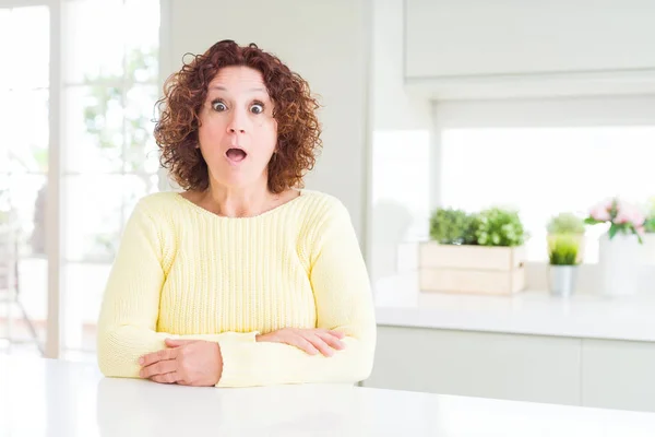 Beautiful Senior Woman Wearing Yellow Sweater Afraid Shocked Surprise Expression — Stock Photo, Image