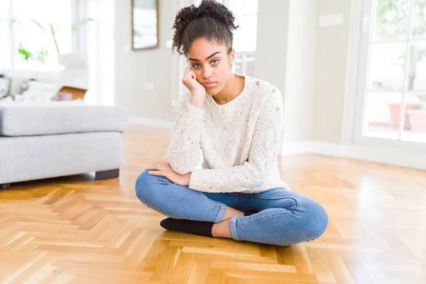 Beautiful Young African American Woman Afro Hair Sitting Floor Thinking — Stock Photo, Image