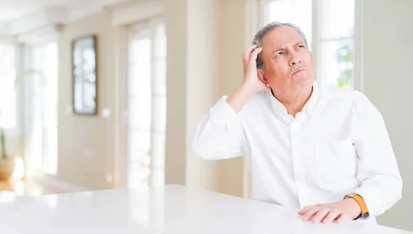 Handsome Senior Man Home Confuse Wonder Question Uncertain Doubt Thinking — Stock Photo, Image