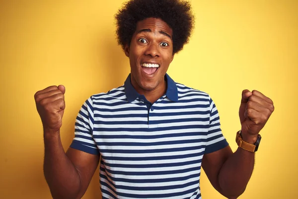 American Man Afro Hair Wearing Navy Striped Polo Standing Isolated — Stock Photo, Image