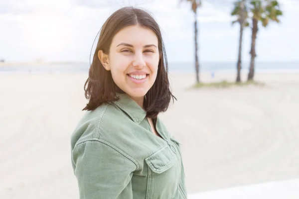 Young Beautiful Woman Smiling Very Happy Beach — Stock Photo, Image