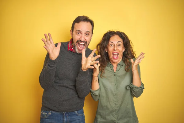 Belo Casal Meia Idade Sobre Fundo Amarelo Isolado Comemorando Louco — Fotografia de Stock