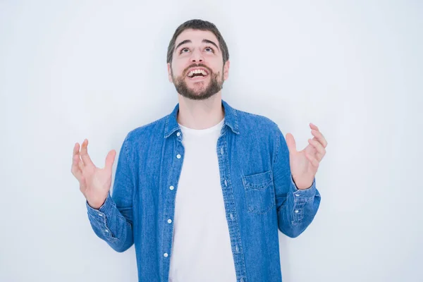 Young Handsome Hispanic Man Wearing Denim Jacket White Isolated Background — 스톡 사진