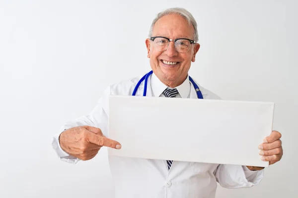 Senior Grey Haired Doctor Man Holding Banner Standing Isolated White — Stock Photo, Image