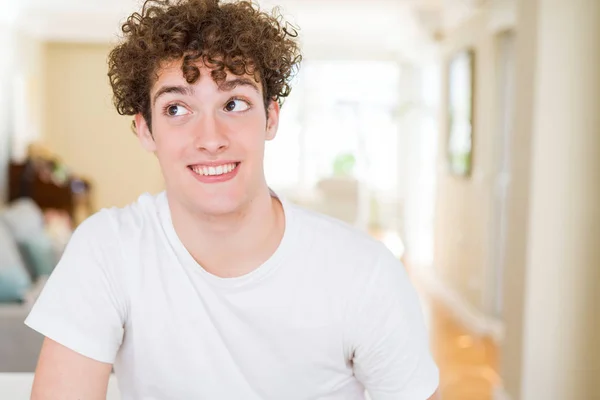 Young Handsome Man Wearing White Shirt Smiling Looking Side Staring — Stock Photo, Image