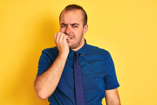 Young Businessman Wearing Denim Casual Shirt Tie Isolated Yellow Background — 图库照片