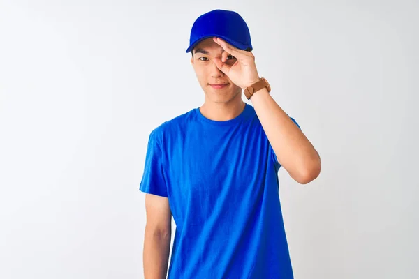 Chinese Deliveryman Wearing Blue Shirt Cap Standing Isolated White Background — 스톡 사진