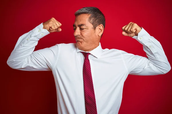 Handsome Middle Age Businessman Standing Isolated Red Background Showing Arms — Stock Photo, Image