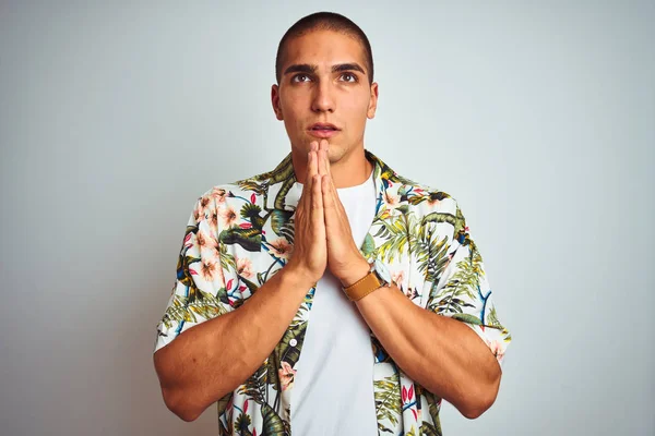 Young Handsome Man Holidays Wearing Hawaiian Shirt White Background Begging — Stock Photo, Image