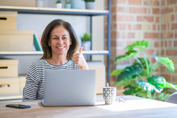 中年老妇人坐在桌旁工作 在家里用电脑笔记本电脑开心地用大大的微笑做Ok标志 竖起大拇指用手指 优秀标志 — 图库照片