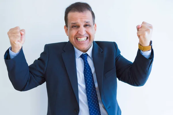 Μέση Ηλικία Επιχείρηση Άνθρωπος Γιορτάζει Και Ουρλιάζοντας Ευτυχισμένος Για Επιτυχημένη — Φωτογραφία Αρχείου