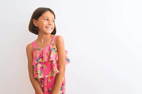 Jovem Menina Bonita Vestindo Vestido Floral Rosa Sobre Fundo Branco — Fotografia de Stock