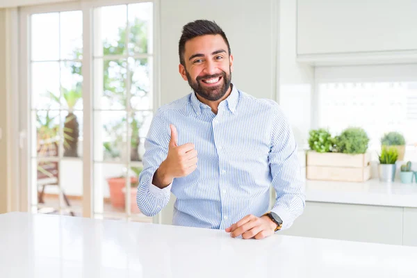 Handsome Hispanic Business Man Doing Happy Thumbs Gesture Hand Approving — Stock Photo, Image