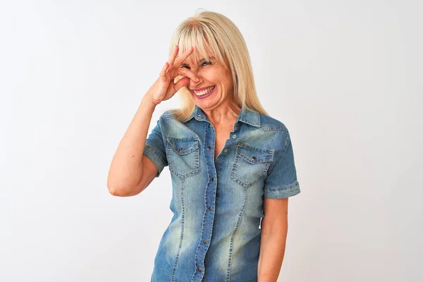 Middle Age Woman Wearing Casual Denim Shirt Standing Isolated White — Stock Photo, Image