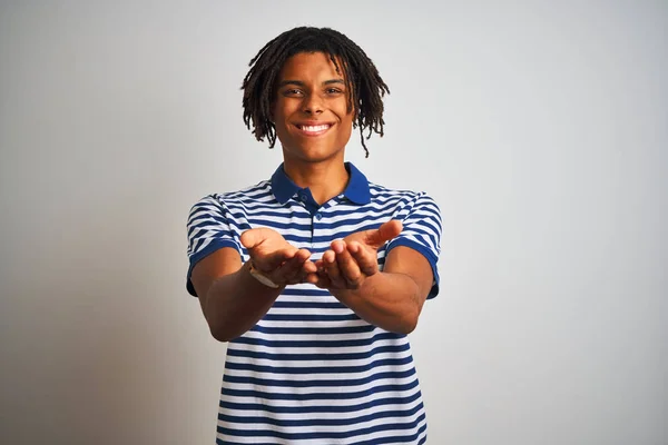 Afro Man Dreadlocks Wearing Striped Blue Polo Standing Isolated White — Stock Photo, Image