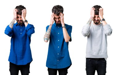 Çünkü çaresiz ve stresli baş ağrısı acı izole arka plan üzerinde genç adam kolaj ağrı ve migren. Ellerini kafasına.