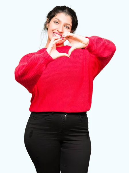 Jovem Mulher Bonita Vestindo Camisola Vermelha Pão Sorrindo Amor Mostrando — Fotografia de Stock