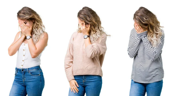 Kolaj genç güzel sarışın kızın yüzünü elleri ile ağlayarak süre kapsayan üzgün ifade ile izole arka plan üzerinde. Depresyon kavramı.