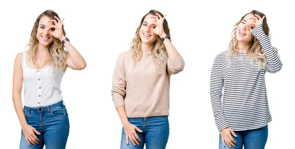 Collage Young Beautiful Blonde Girl Isolated Background Doing Gesture Hand — Stock Photo, Image