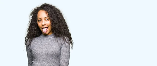 Young Beautiful Girl Curly Hair Sticking Tongue Out Happy Funny — Stock Photo, Image