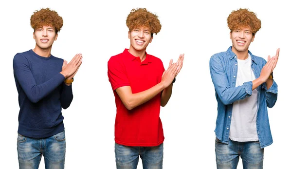 Collage Hombre Joven Con Diferentes Miradas Sobre Fondo Blanco Aislado —  Fotos de Stock