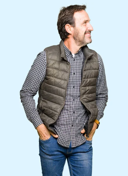 Middle Age Handsome Man Wearing Winter Vest Looking Away Side — Stock Photo, Image