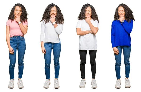 Collage Belle Jeune Femme Aux Cheveux Bouclés Sur Fond Blanc — Photo