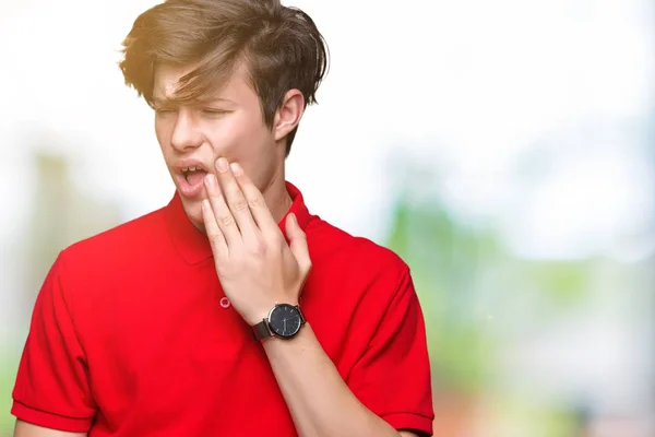 Young Handsome Man Wearing Red Shirt Isolated Background Touching Mouth — Stock Photo, Image