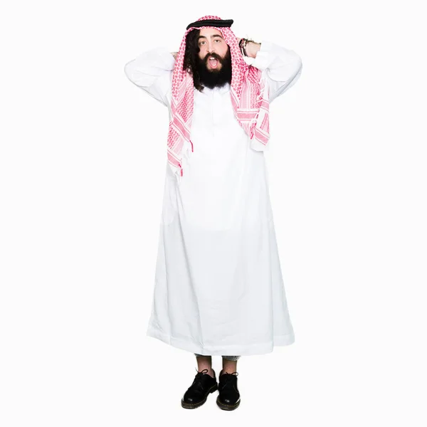 Arabian Business Man Long Hair Wearing Traditional Keffiyeh Scarf Crazy — Stock Photo, Image