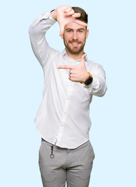 Young Handsome Business Man Smiling Making Frame Hands Fingers Happy — Stock Photo, Image