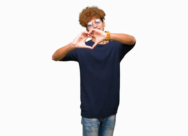 Young Handsome Man Afro Wearing Glasses Smiling Love Showing Heart — Stock Photo, Image