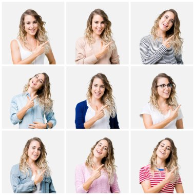 İzole arka neşeli genç güzel sarışın kız kolaj bir gülümseme ile el ve parmak kadar yan yüzünde mutlu ve doğal ifade ile işaret eden yüz