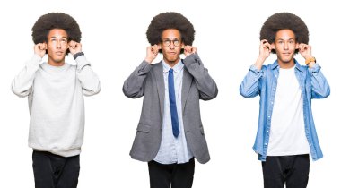 Beyaz izole arka plan üzerinde afro saçlı genç adamın kolaj parmakları, komik jest ile kulakları çekerek gülümseyerek. Seçme sorunu