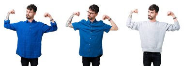 Kol kasları gururlu gülümseyen gösterilen izole arka plan üzerinde genç adam kolaj. Fitness kavramı.