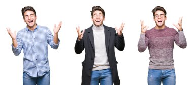 İzole arka plan üzerinde genç yakışıklı iş adamın kolaj deli ve silah ile başarı için deli kutlamak kaldırdı ve heyecanlı çığlık kapalı gözleri. Kazanan kavramı