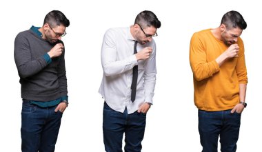 Kolaj yakışıklı adam beyaz bir arka plan duygu hasta ve öksürük semptom olarak soğuk veya bronşit için izole. Sağlık kavramı.