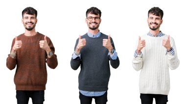 Izole arka plan başarı işareti üzerinde bir kazak giyen genç adamın kolaj el ile olumlu jest yapıyor, gülümseyerek ve mutlu başparmak kadar. Neşeli ifade ile kameraya bakmak, kazanan jest.