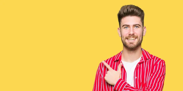 Young Handsome Man Wearing Red Shirt Cheerful Smile Face Pointing — Stock Photo, Image