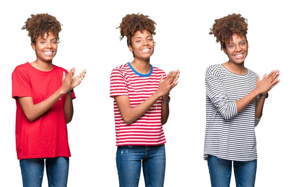 Izole arka plan üzerinde genç güzel Afrikalı kız Kolaj Alkışlama ve mutlu ve neşeli alkışlayan, birlikte gururlu eller gülümseyen
