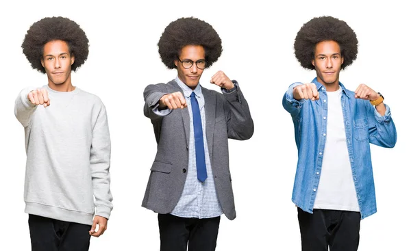 Collage Giovane Uomo Con Capelli Afro Sfondo Bianco Isolato Pugno — Foto Stock