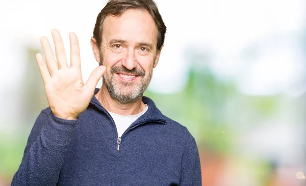 Middle Age Handsome Man Wearing Sweater Showing Pointing Fingers Number — Stock Photo, Image