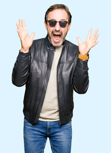 Middle Age Handsome Man Wearing Sunglasses Black Leather Jacket Celebrating — Stock Photo, Image